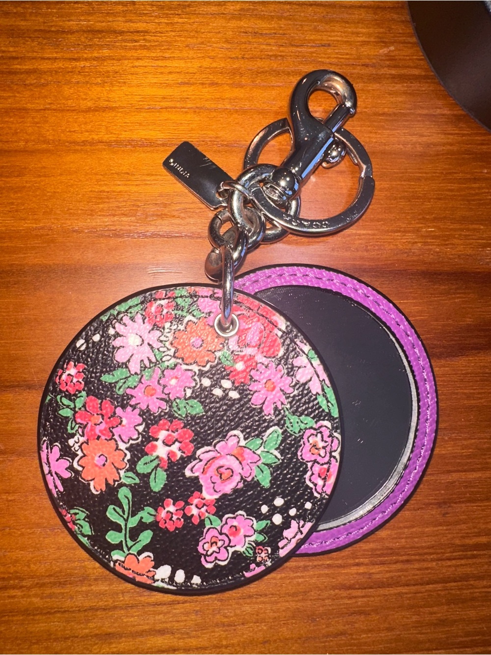 🌸 Authentic Coach Floral Mirror Bag Charm Keychain | Black Multi | Leather Trim